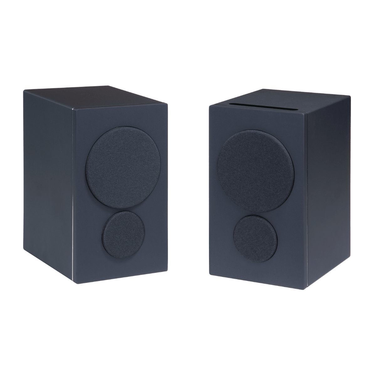pair of psb iq2 speakers in black with grilles