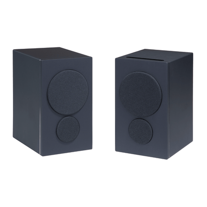 pair of psb iq2 speakers in black with grilles