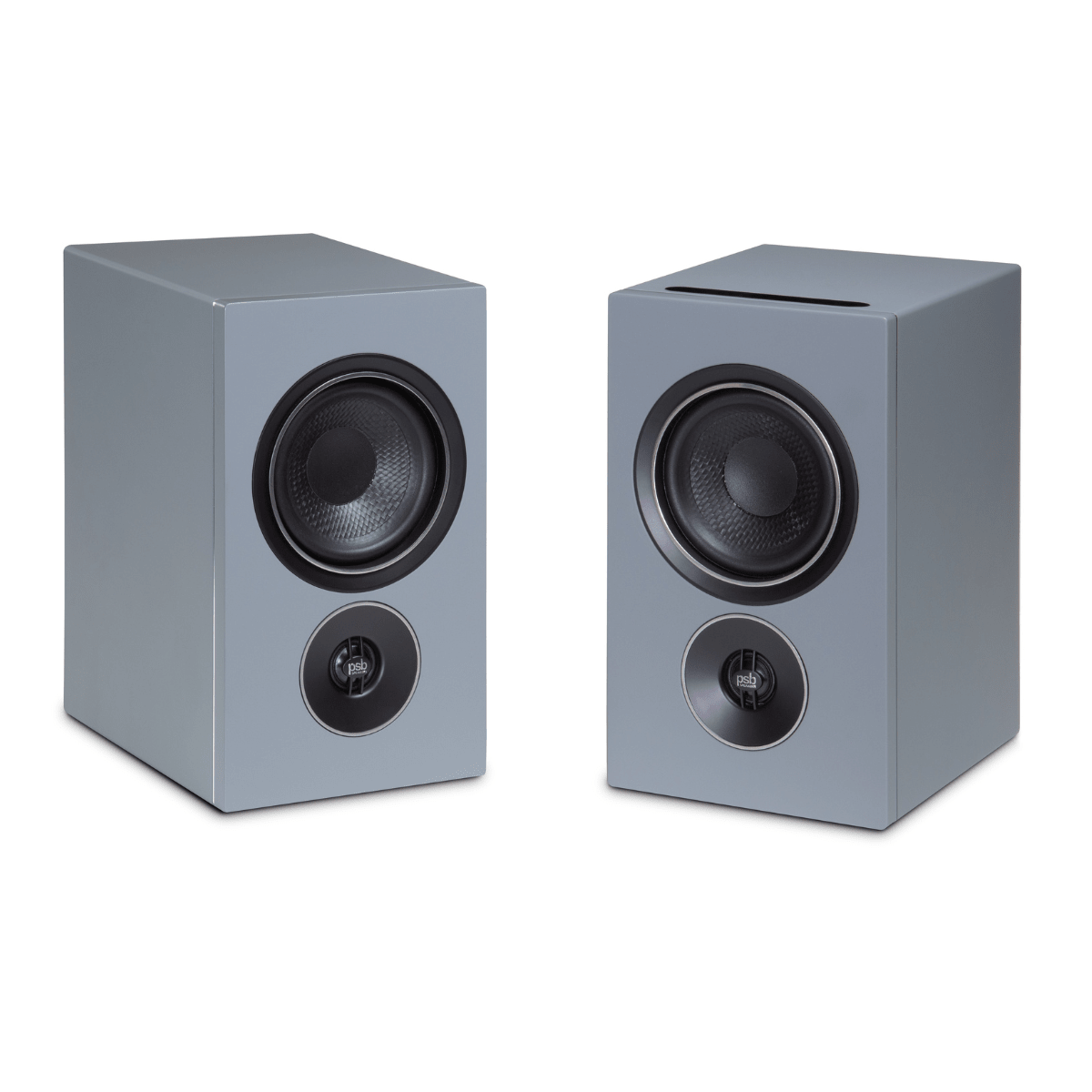 pair of psb iq2 speakers in gray