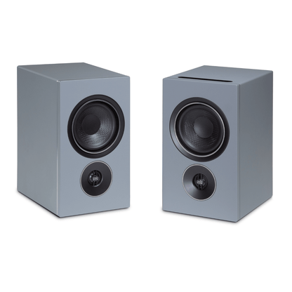 pair of psb iq2 speakers in gray