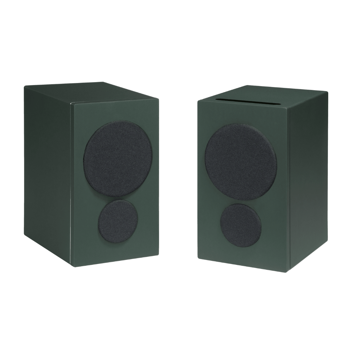 pair of psb iq2 speakers in green with grilles