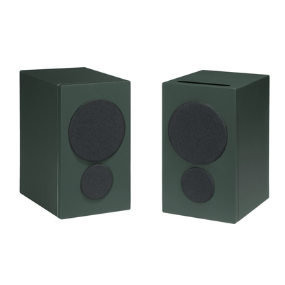 pair of psb iq2 speakers in green with grilles