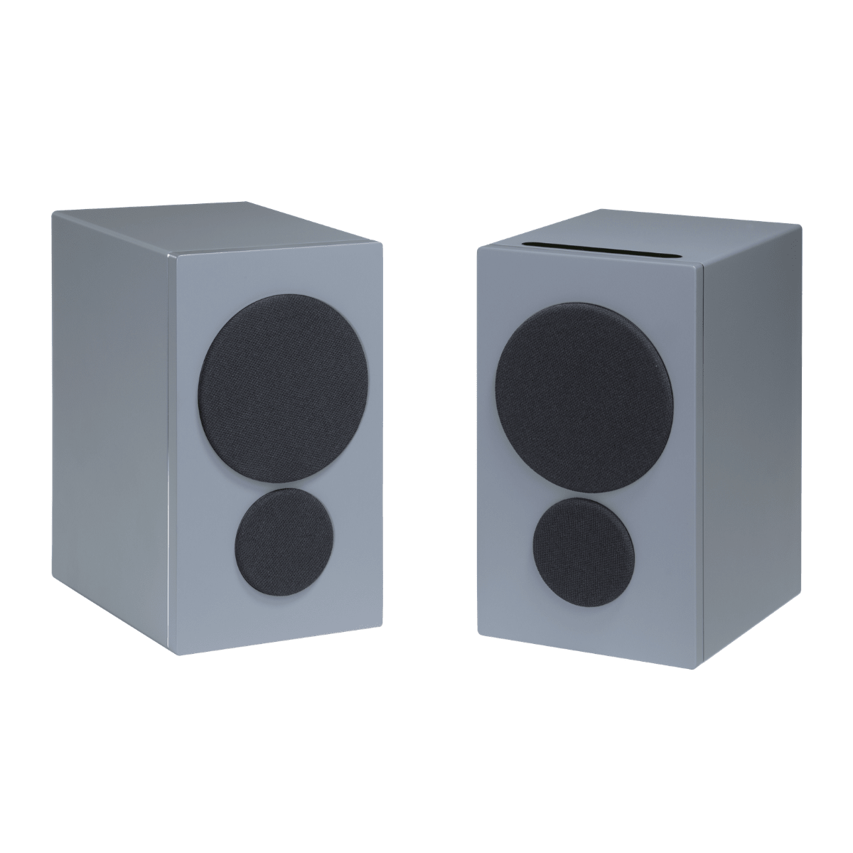 pair of psb iq2 speakers in gray with grilles