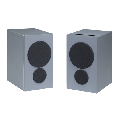 pair of psb iq2 speakers in gray with grilles