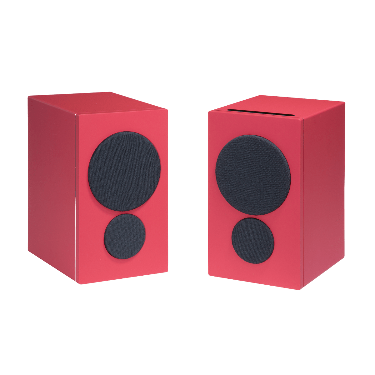 pair of psb iq2 speakers in red
