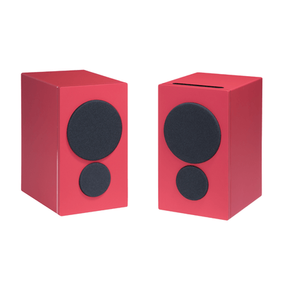 pair of psb iq2 speakers in red