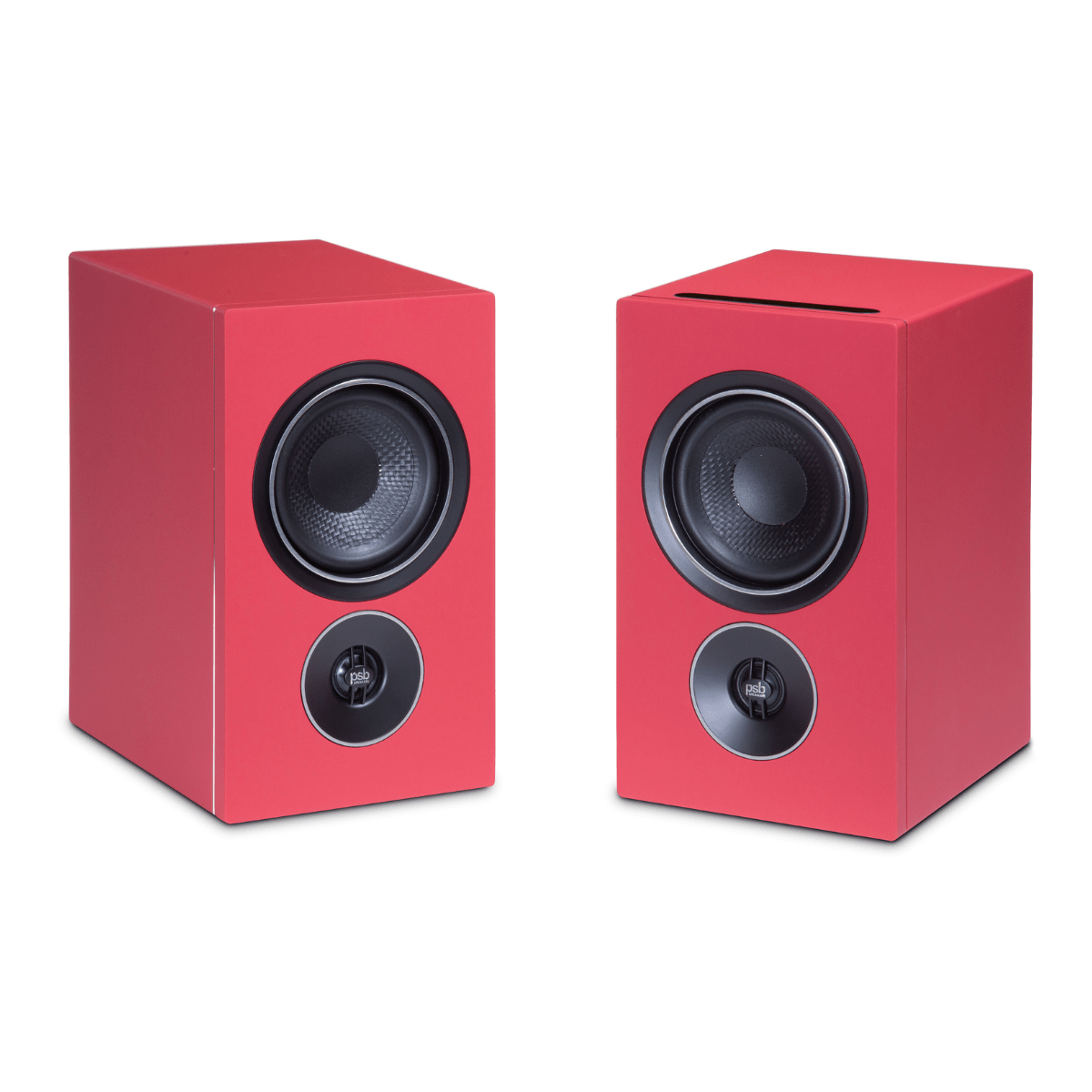 pair of psb iq2 speakers in red with grilles