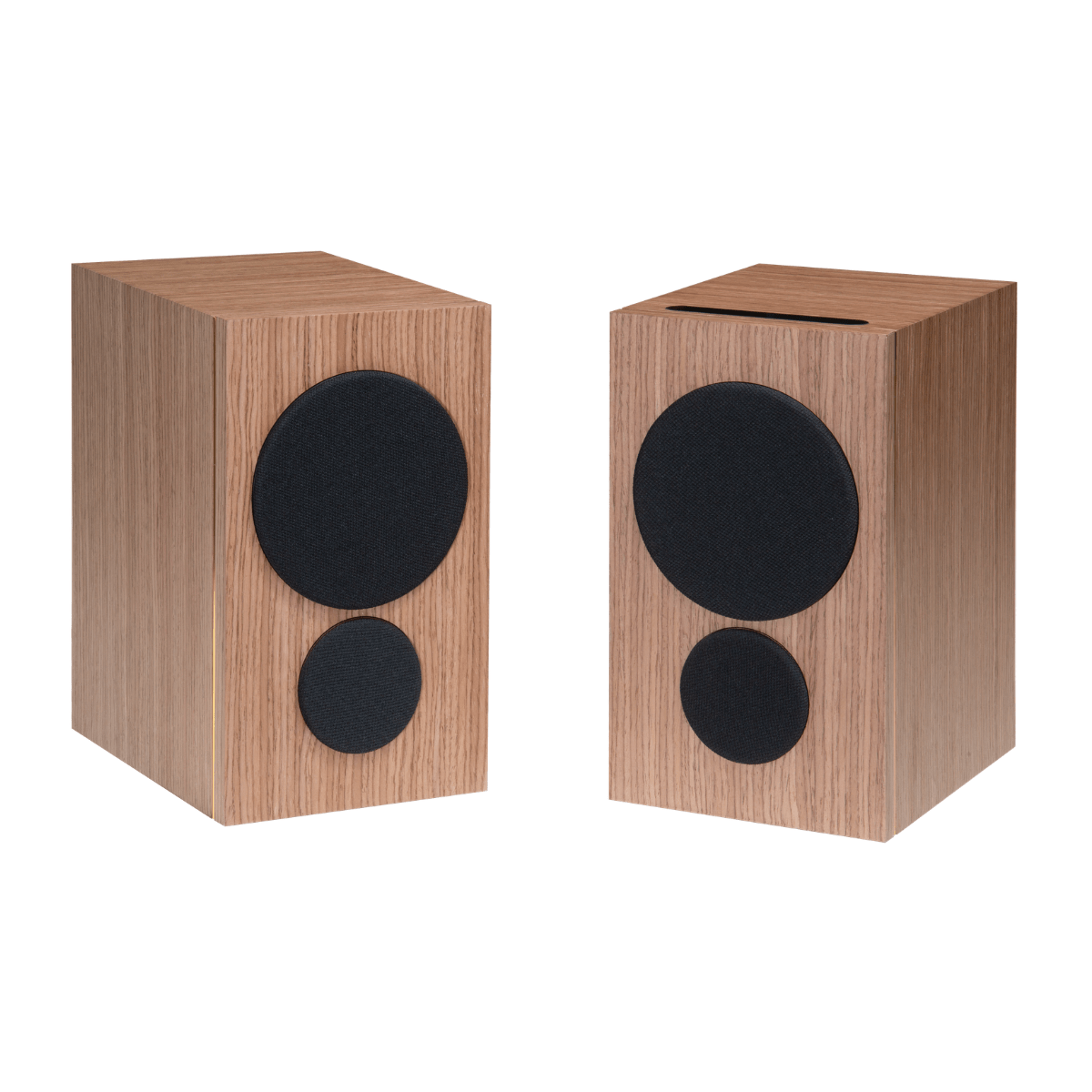 pair of psb iq2 speakers in walnut with grilles