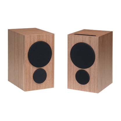 pair of psb iq2 speakers in walnut with grilles