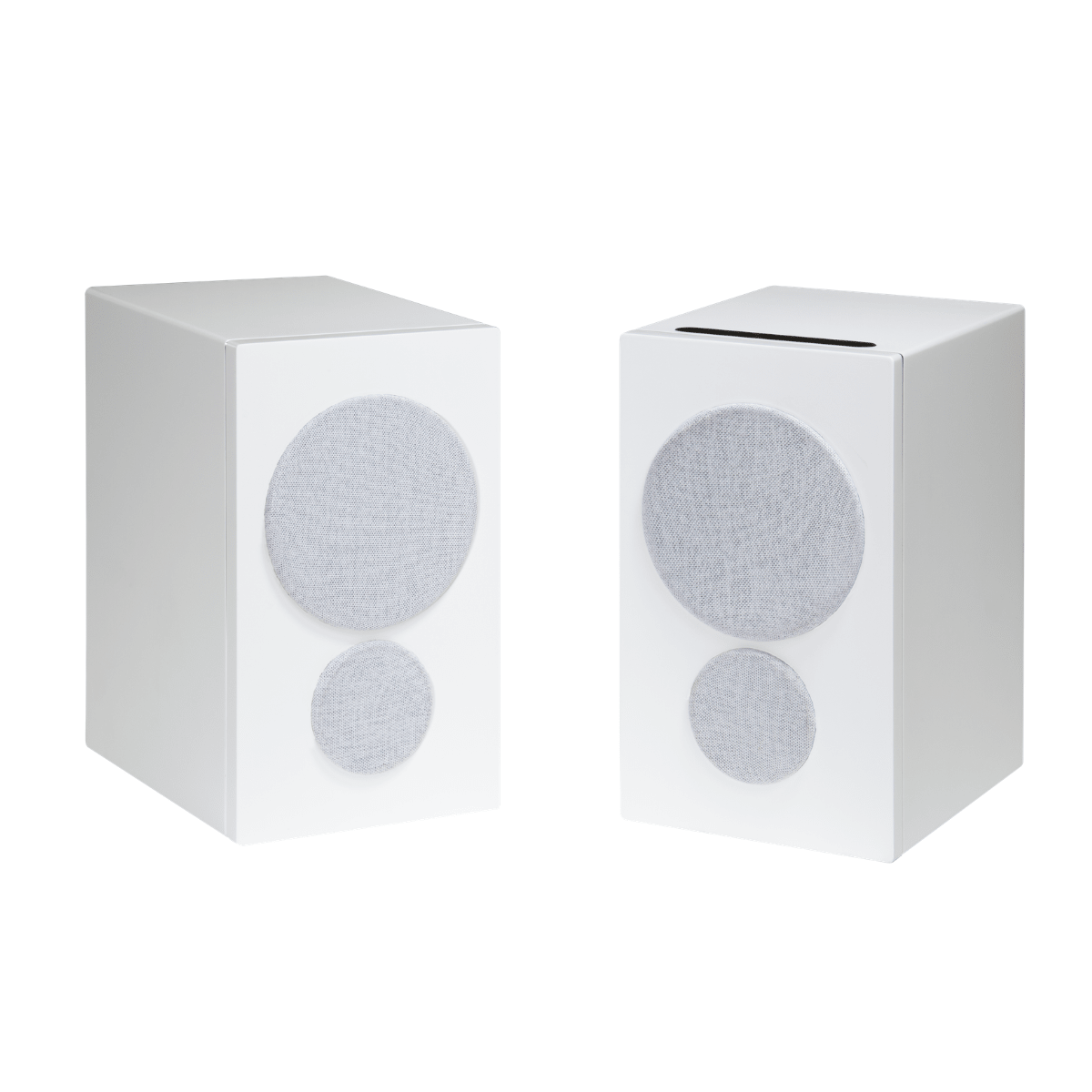 pair of psb iq2 speakers in white with grilles