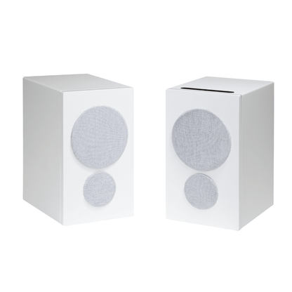 pair of psb iq2 speakers in white with grilles