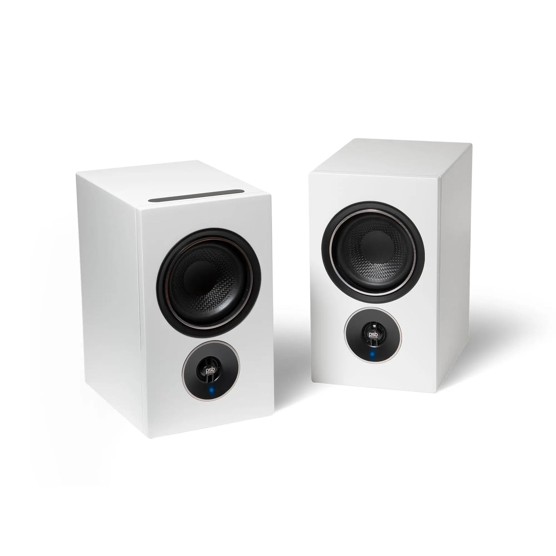 Pair of white speakers on a white background