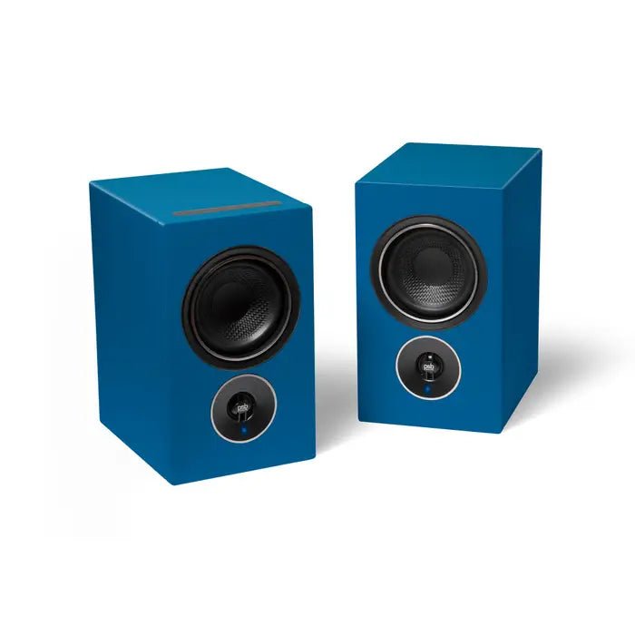 Pair of blue speakers on a white background