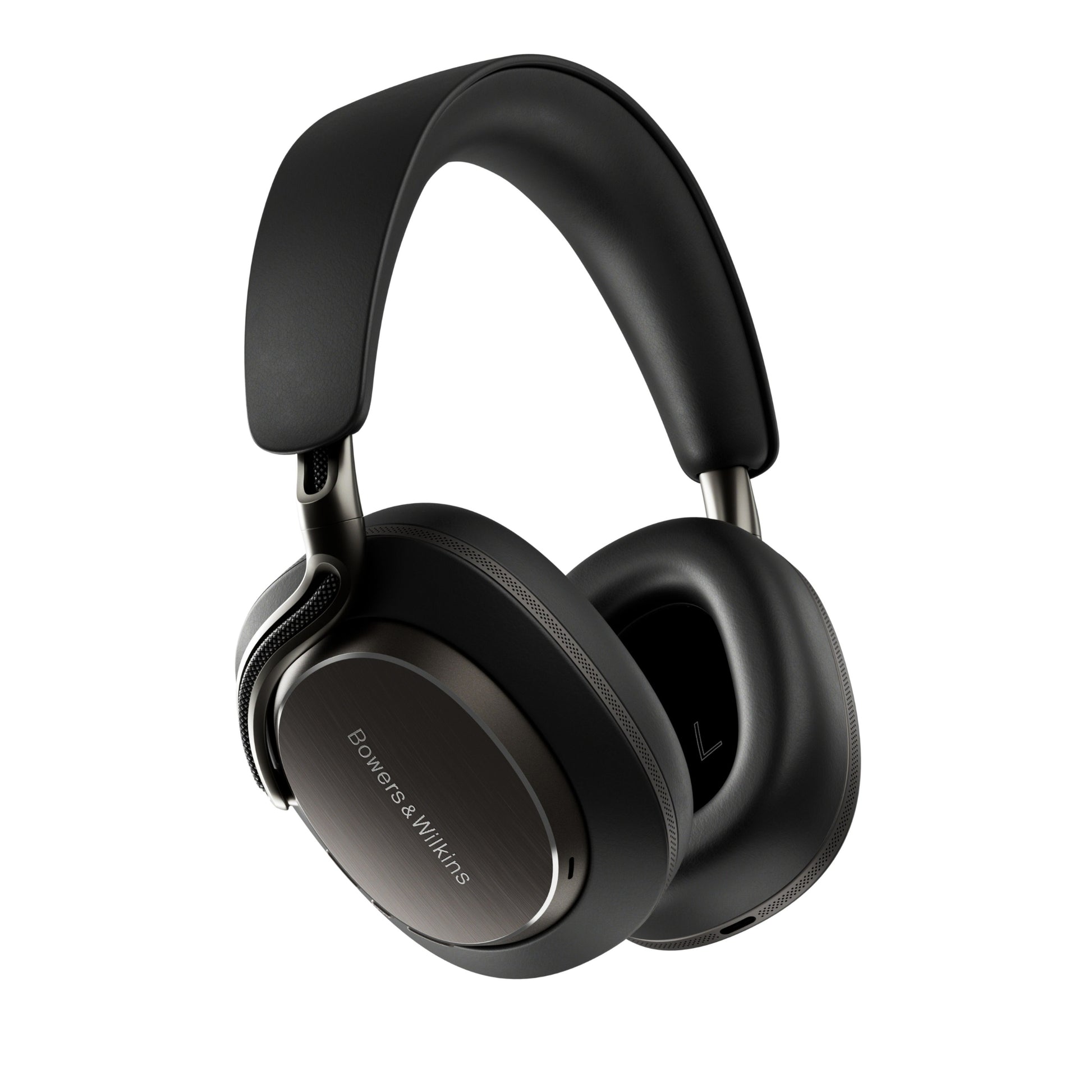Black headphones with 'Bowers & Wilkins' branding on a white background