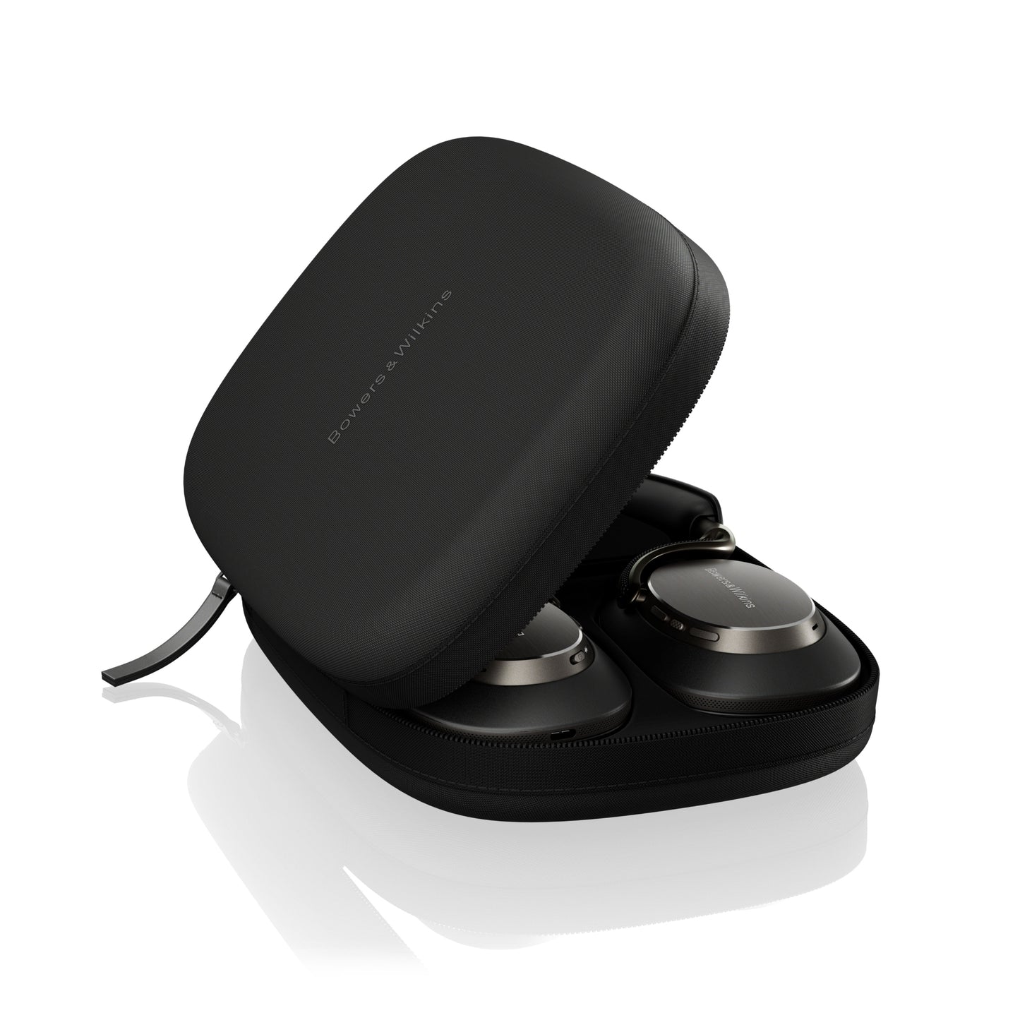 Black wireless earbuds in a case on a white background