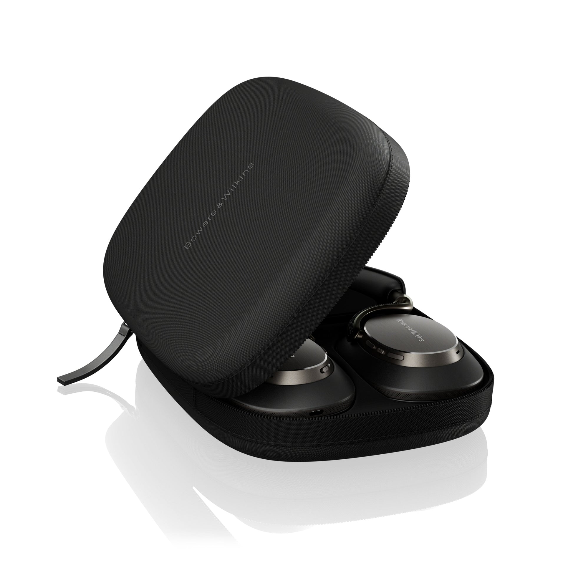 Black wireless earbuds in a case on a white background