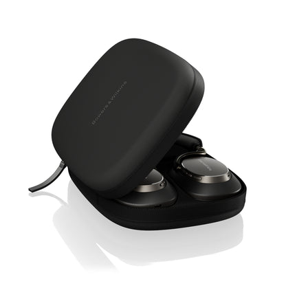 Black wireless earbuds in a case on a white background