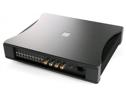 Black electronic device with multiple ports on a white background