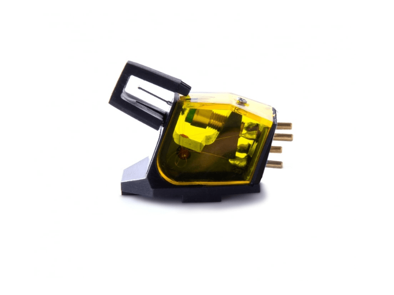Turntable cartridge with yellow stylus on a white background