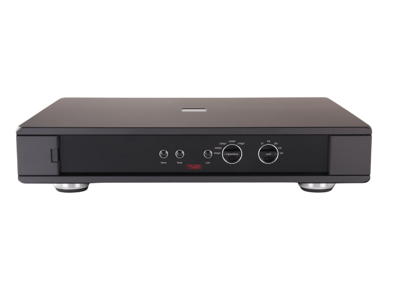 Black electronic device with control buttons on a white background