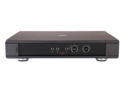 Black electronic device with control buttons on a white background