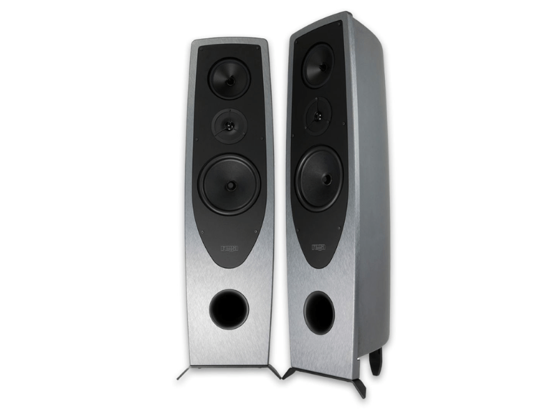 Pair of silver and black speakers on a white background