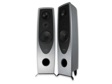 Pair of silver and black speakers on a white background