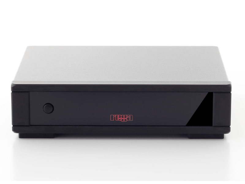 Black electronic device with a red logo on a white background