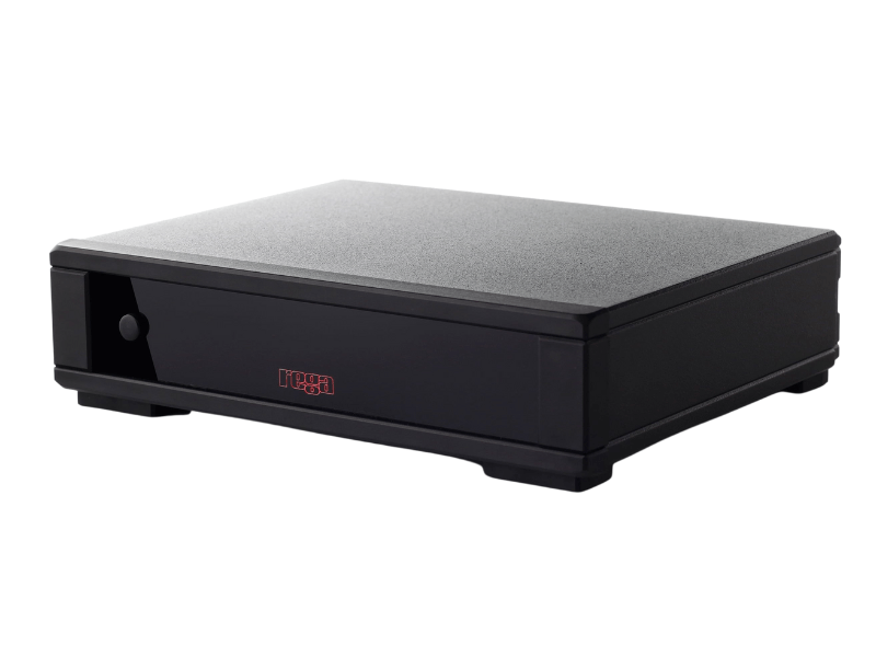 Black electronic device with a digital display on a white background