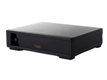 Black electronic device with a digital display on a white background