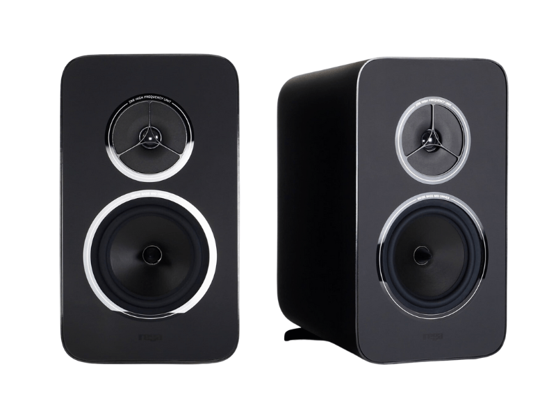 Pair of black speakers on a white background