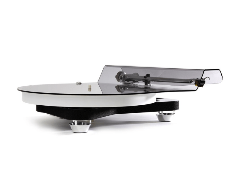 Turntable with clear dust cover on a white background