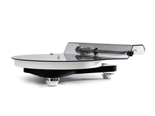 Turntable with clear dust cover on a white background