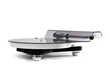 Turntable with clear dust cover on a white background