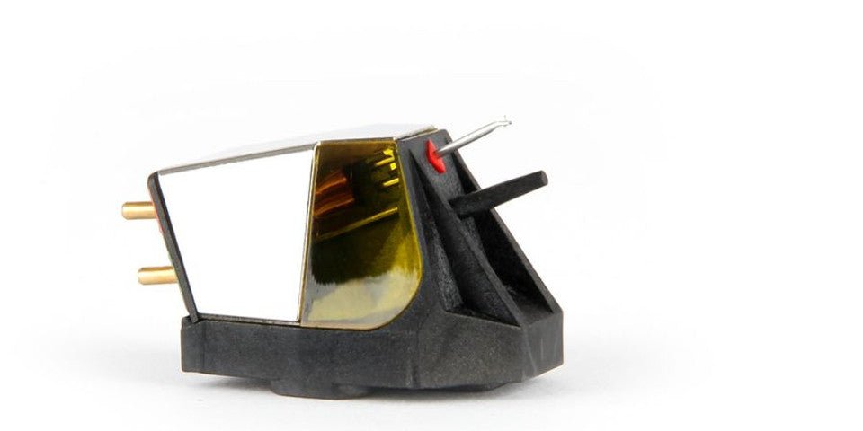 Close-up of a vinyl record player cartridge on a white background
