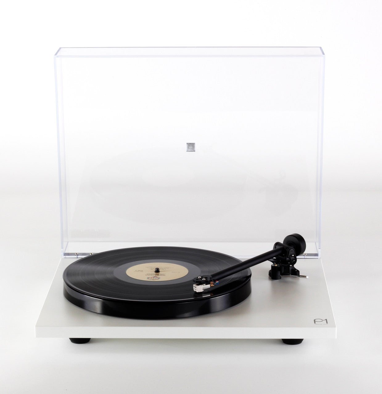 Turntable with a clear dust cover on a white background