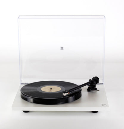 Turntable with a clear dust cover on a white background