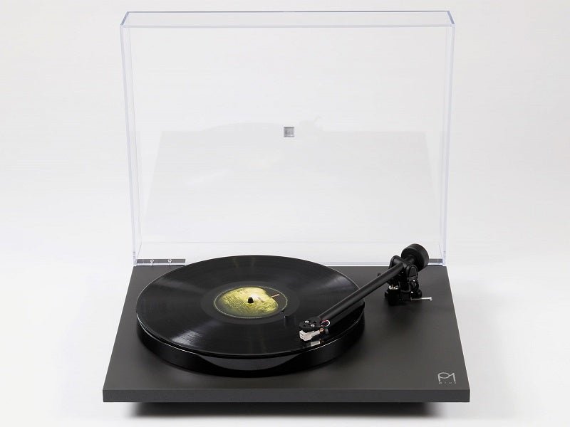 Black turntable with a clear dust cover on a white background