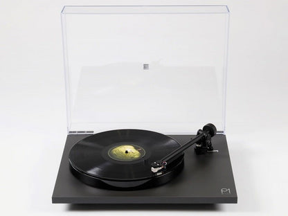 Black turntable with a clear dust cover on a white background