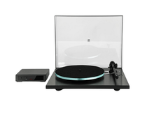 Turntable with a clear dust cover on a white background