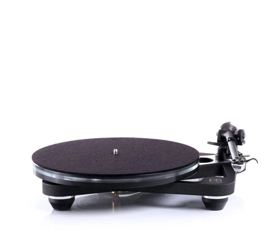 Turntable with a black platter on a white background