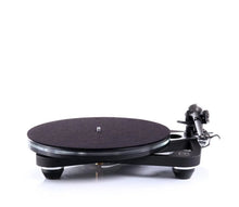 Turntable with a black platter on a white background