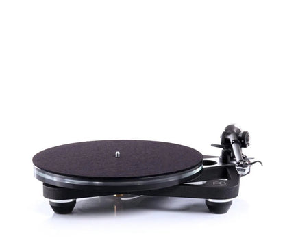 Turntable with a black platter on a white background
