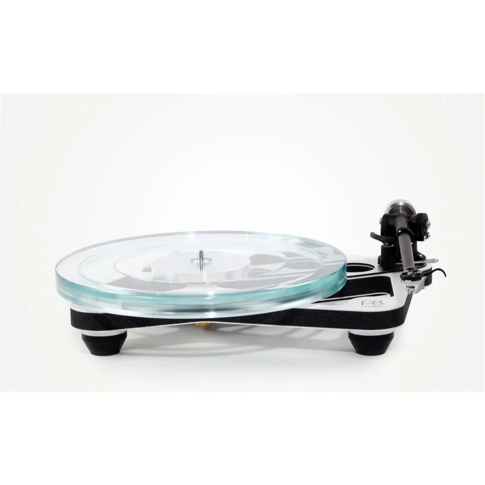 Turntable with clear platter on a white background