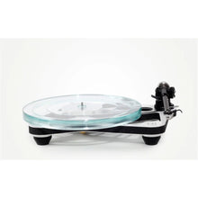 Turntable with clear platter on a white background