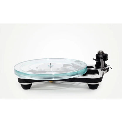 Turntable with clear platter on a white background