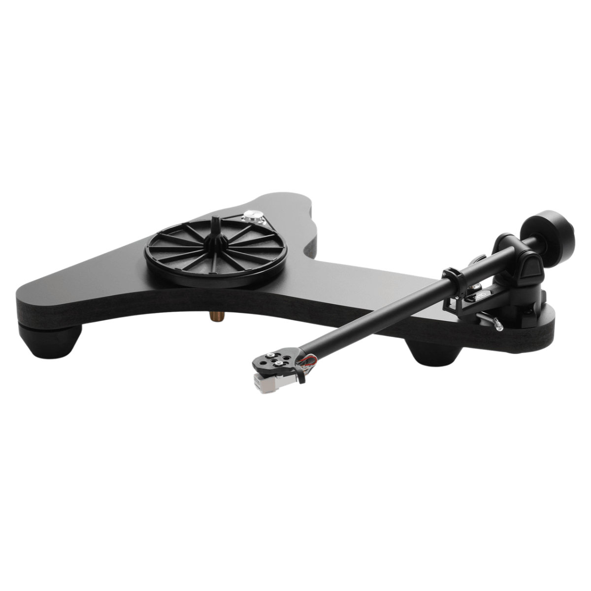 Rega Replay turntable with the platter removed, showing the black triangular plinth, spoked sub-platter, three isolation feet, and black tonearm with Carbon cartridge.