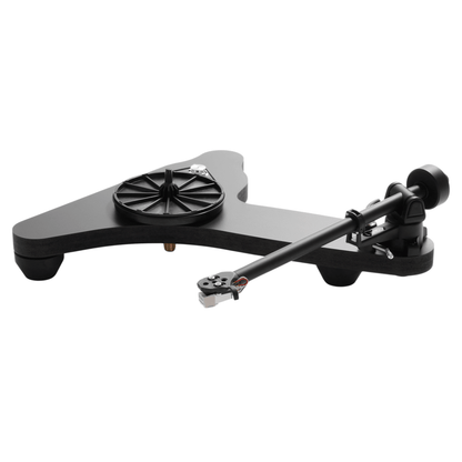 Rega Replay turntable with the platter removed, showing the black triangular plinth, spoked sub-platter, three isolation feet, and black tonearm with Carbon cartridge.