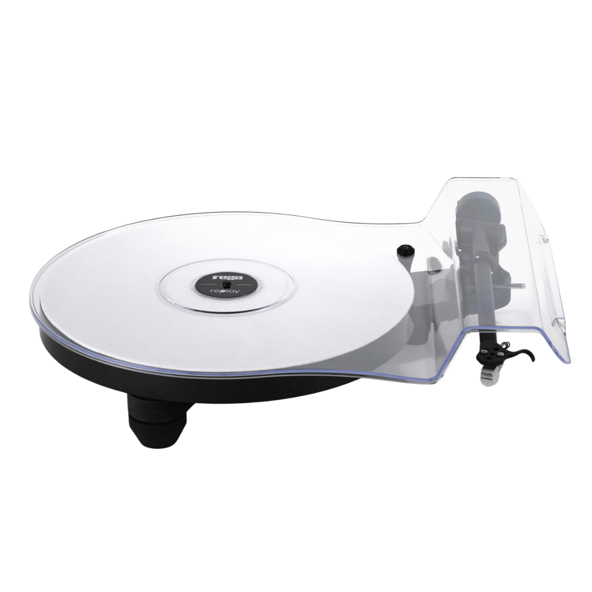 Rega Replay turntable with white felt platter mat and clear acrylic dust cover over the platter and tonearm, shown from a three-quarter angle.