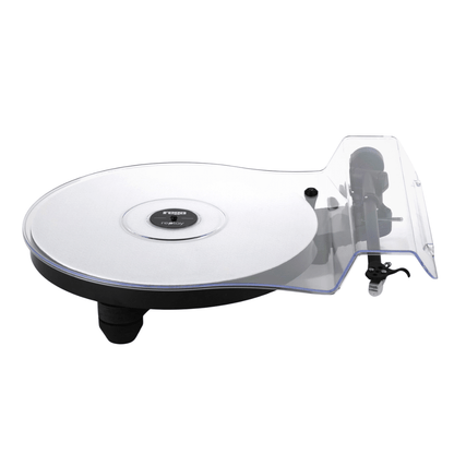 Rega Replay turntable with white felt platter mat and clear acrylic dust cover over the platter and tonearm, shown from a three-quarter angle.